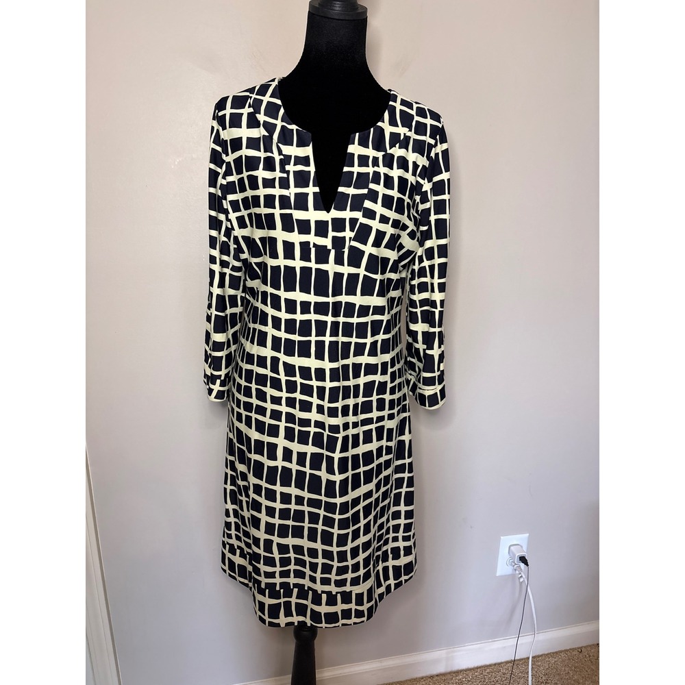 Jude Connally Black Cream Chris Tunic Dress 3/4 Sleeve Notched V-Neck Size M